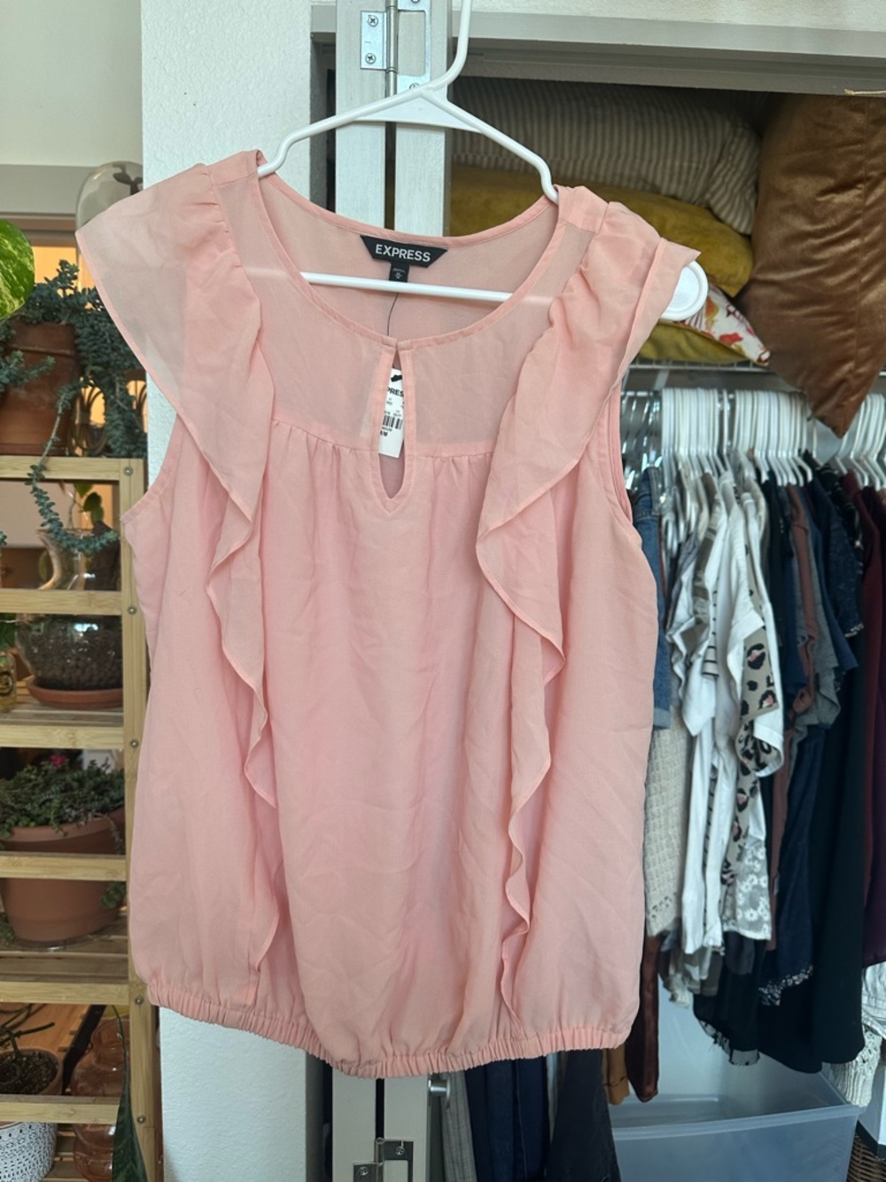 Express Light Pink Ruffle Cap-Sleeve Blouse